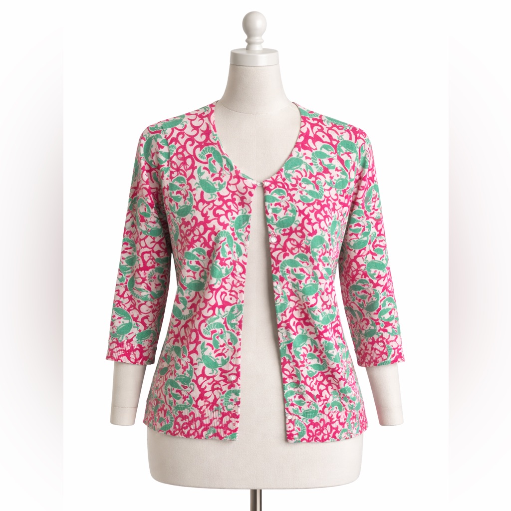 Ll Bean Pink Green Crab Print Cardigan 3/4 Sleeve Coastal 1x